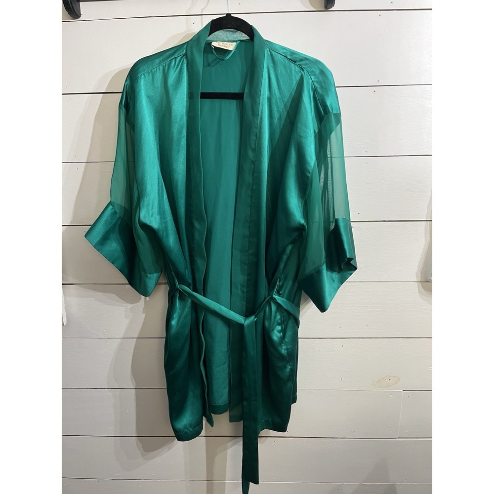 Victorias Secret Gold Label Vintage Womens Green Satin Short Robe Sz ONE SIZE